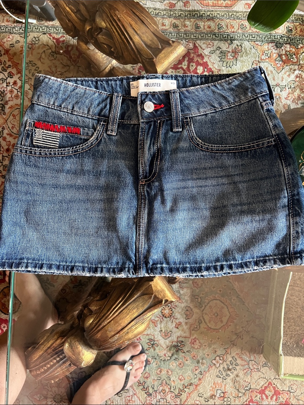 Hollister Faded Blue Denim Mini Skirt with Red Stitching Detail